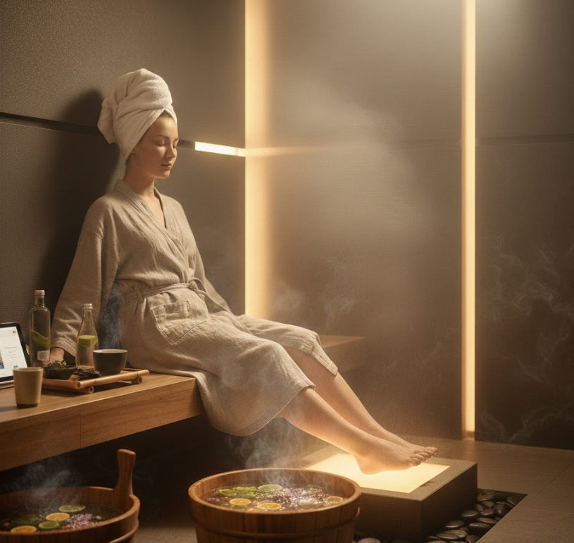 Длабок велнес водич за масажа на стапала во просторија за испарување со пот